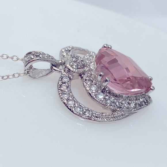 Double Heart 925 Silver Necklace & Pink Cubic Zirconia Heart Pendant - Picture 8 of 10